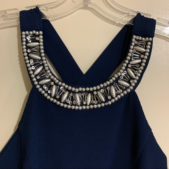 Alya Sleeveless Knit Criss Cross Back Halter Embellished Navy Midi Dress. Size S - Picture 3 of 10